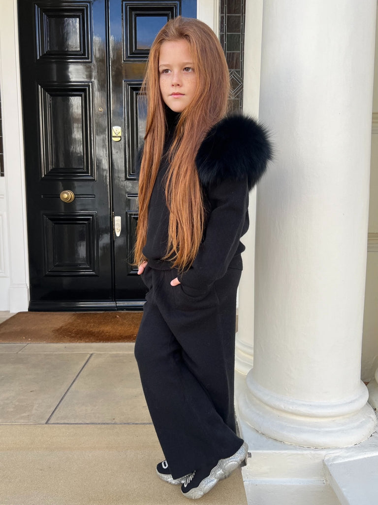 Childrens Black Luxury Fur Roll Neck Wide Leg Tracksuit - H&L