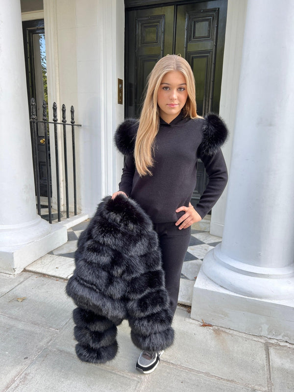 Children's Black Premium Faux Fur Jogger Tracksuit - H&L