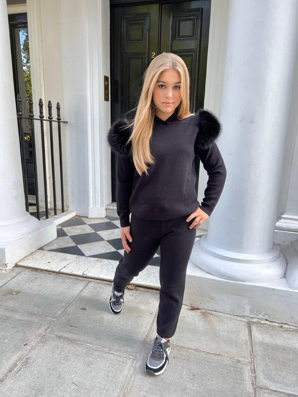 Children's Black Premium Faux Fur Jogger Tracksuit - H&L