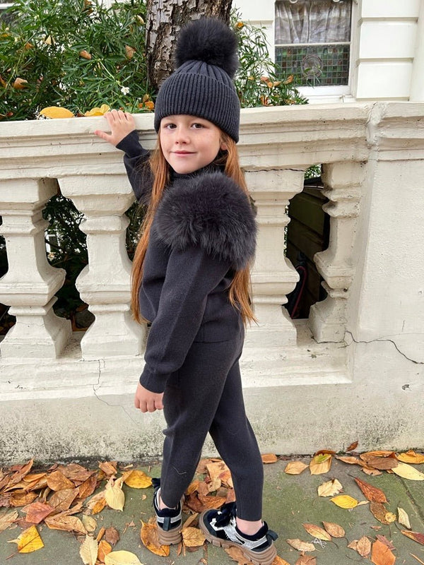 Children's Charcoal Premium Faux Fur Jogger Tracksuit - H&L