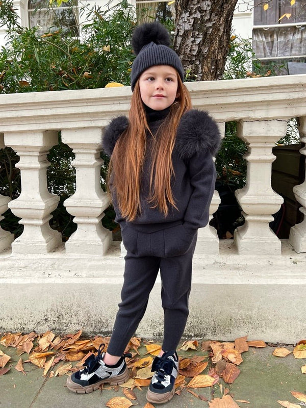 Children's Charcoal Premium Faux Fur Jogger Tracksuit - H&L