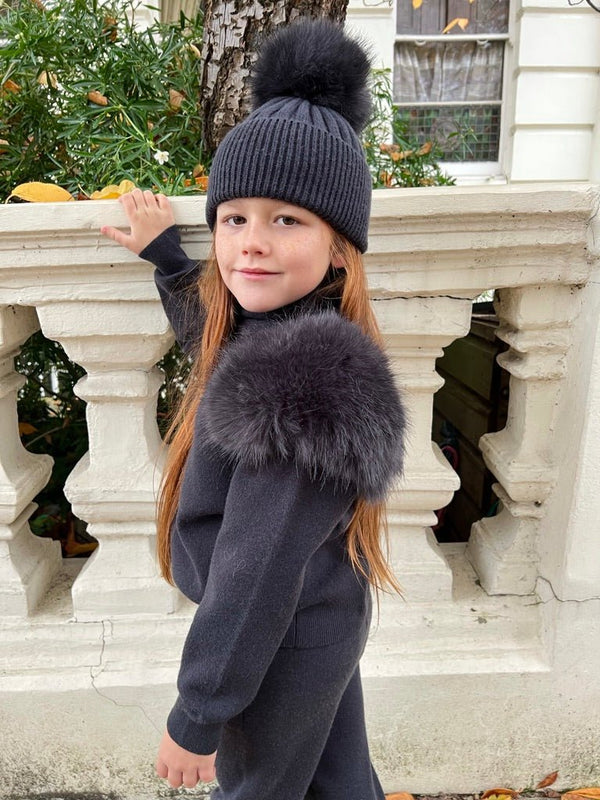 Children's Charcoal Premium Faux Fur Jogger Tracksuit - H&L