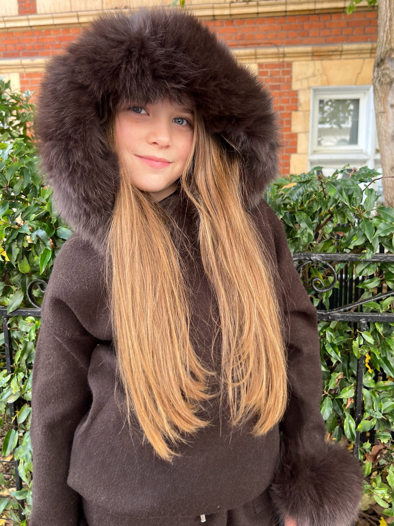 Childrens Chocolate Luxury Fur Trim Hood & Cuff Tracksuit - H&L