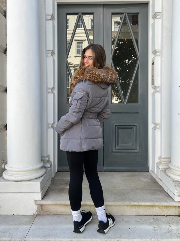 Childrens Grey Luxury Fur Padded Belted Coat - H&L