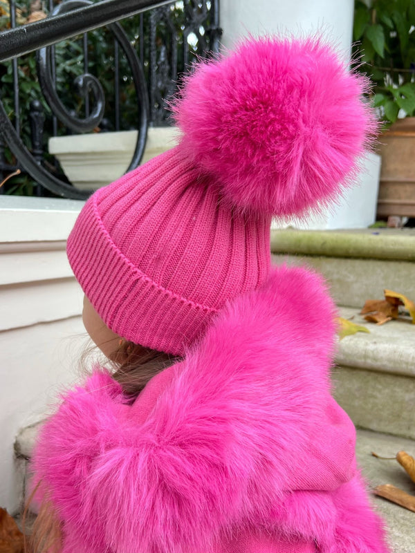 Childrens Hot Pink Faux Fur Bobble Hat - H&L