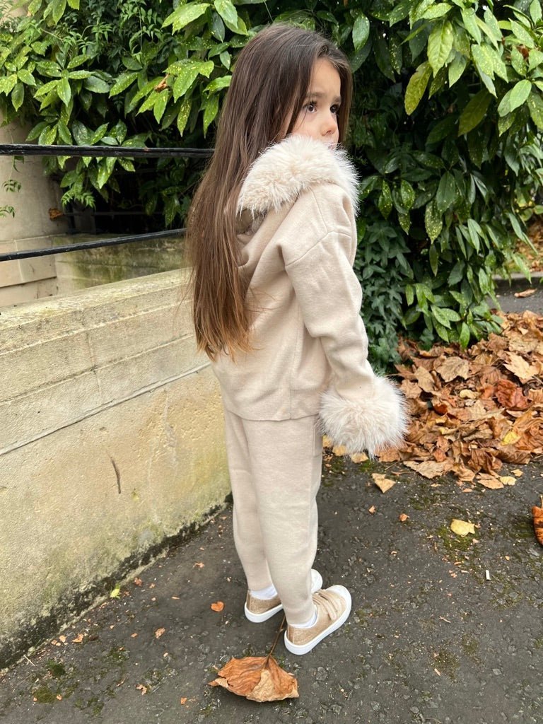 Children's Light Beige Premium Faux Fur Jogger Tracksuit - H&L