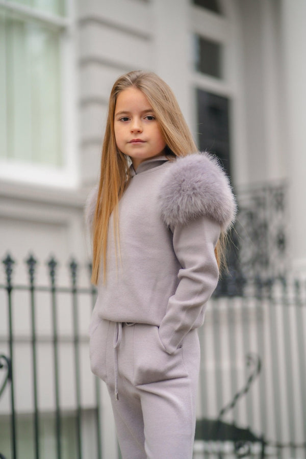 Children's Light Grey Premium Faux Fur Jogger Tracksuit - H&L