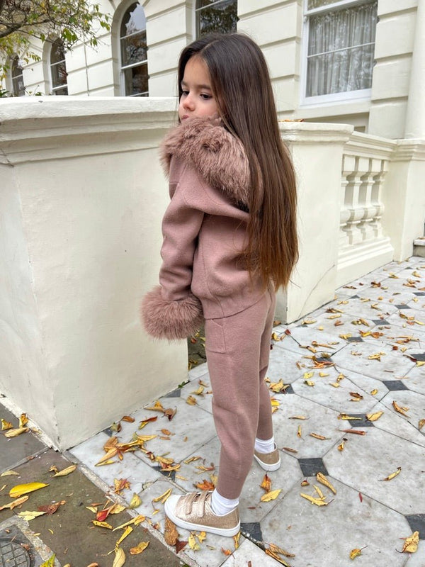 Children's Taupe Premium Faux Fur Jogger Tracksuit - H&L