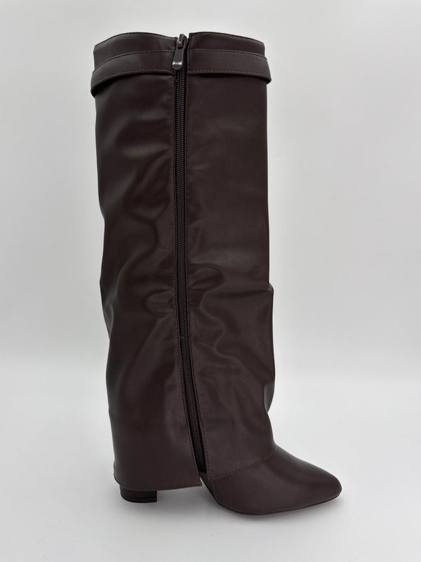 Chocolate Brown Faux Leather Fold Over Knee High Boots - H&L