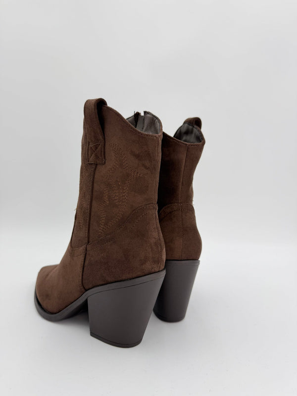 Chocolate Brown Faux Suede Ankle Cowboy Boots - H&L