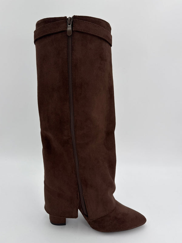Chocolate Brown Faux Suede Fold Over Knee High Boots - H&L