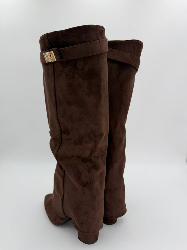 Chocolate Brown Faux Suede Fold Over Knee High Boots - H&L
