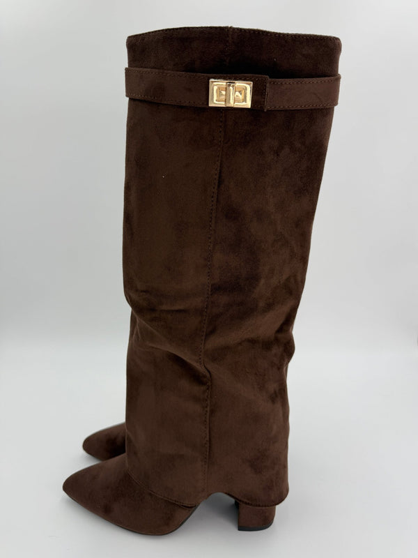 Chocolate Brown Faux Suede Fold Over Knee High Boots - H&L