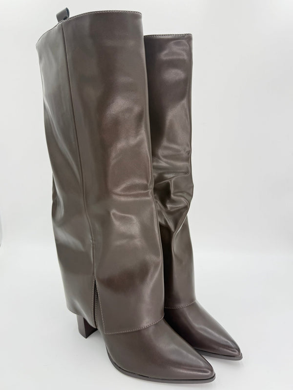 Chocolate Brown Fold Over Faux Leather Boots - H&L