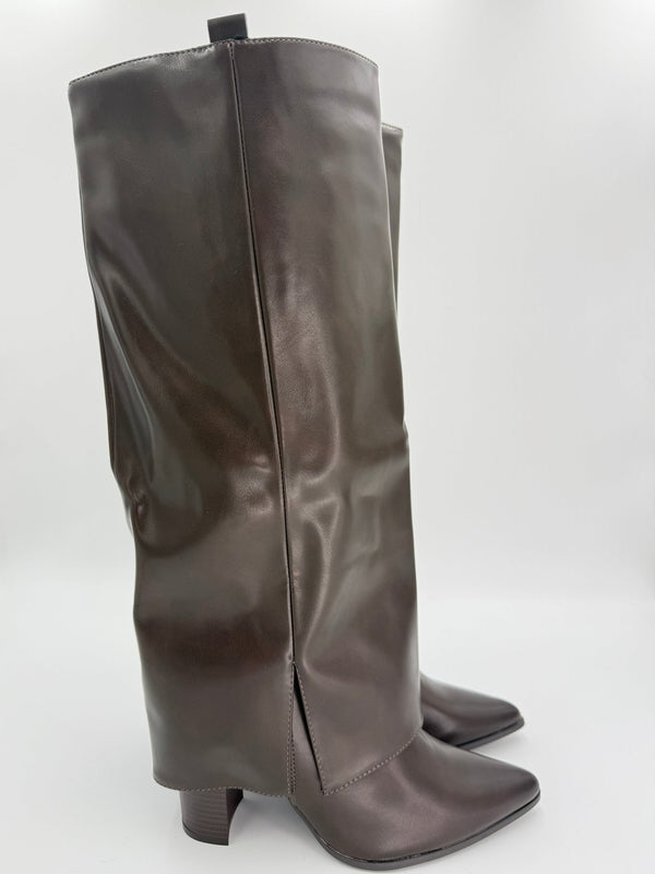 Chocolate Brown Fold Over Faux Leather Boots - H&L