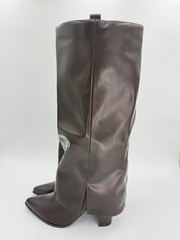 Chocolate Brown Fold Over Faux Leather Boots - H&L