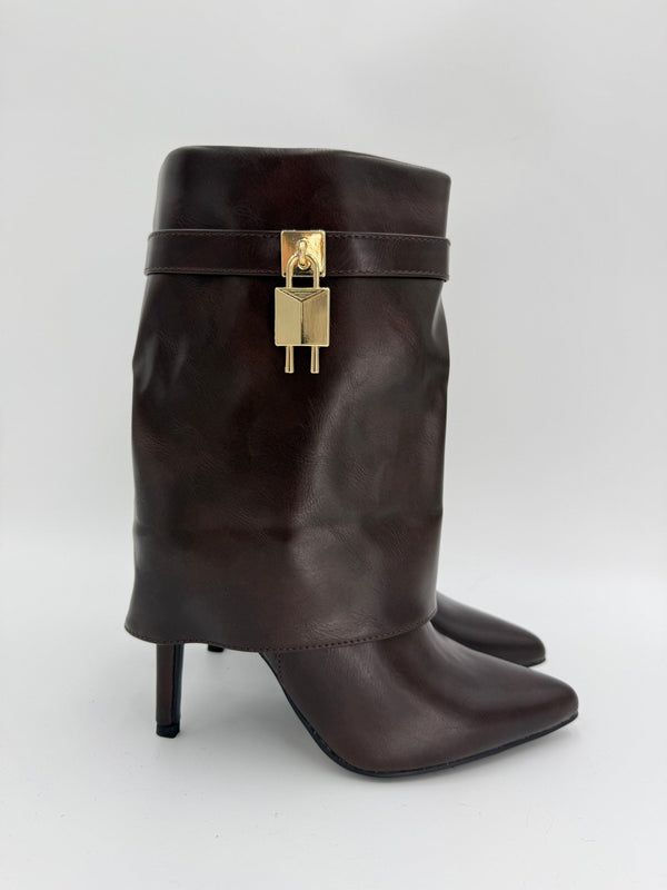 Chocolate Brown Fold Over Faux Leather Lock Boots - H&L