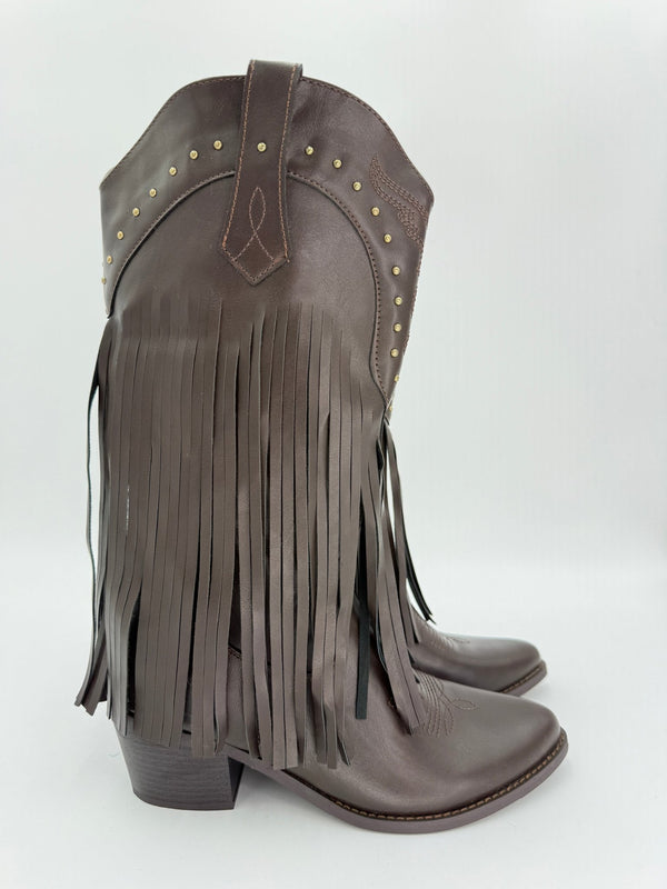 Chocolate Brown Fringe Faux leather Cowboy Boots - H&L