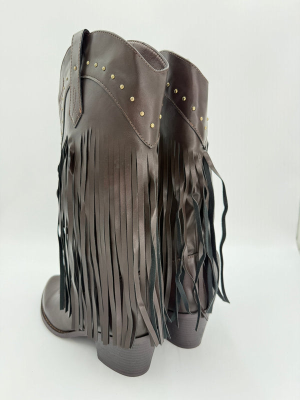 Chocolate Brown Fringe Faux leather Cowboy Boots - H&L