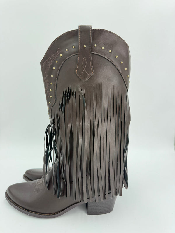Chocolate Brown Fringe Faux leather Cowboy Boots - H&L