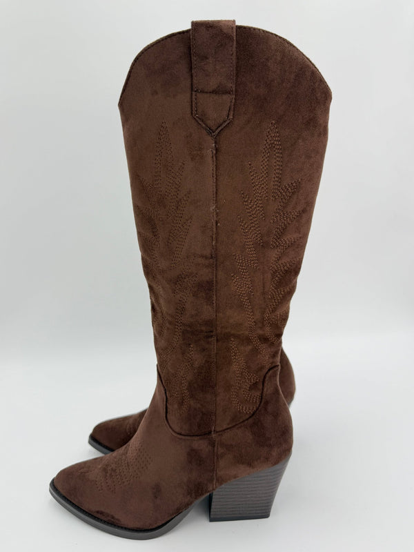 Chocolate Brown Suede Effect Cowboy Boots - H&L