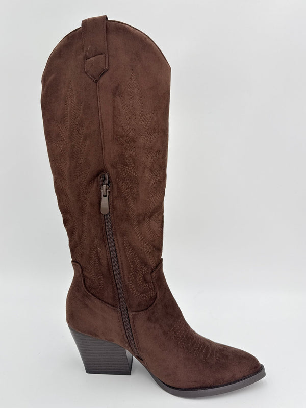 Chocolate Brown Suede Effect Cowboy Boots - H&L