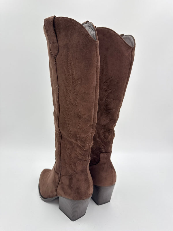 Chocolate Brown Suede Effect Cowboy Boots - H&L