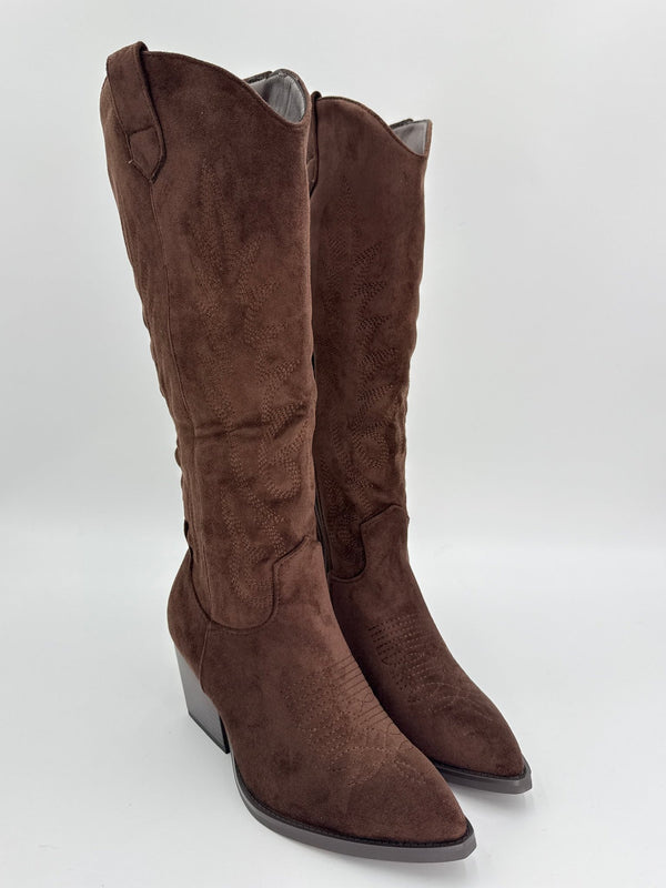 Chocolate Brown Suede Effect Cowboy Boots - H&L
