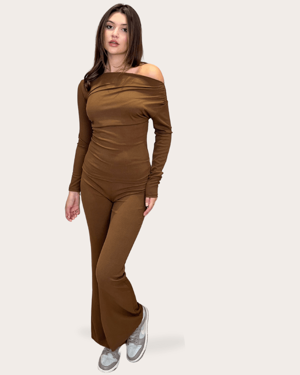 Chocolate Ruched Side Top And Wide Leg Trouser Set - H&L