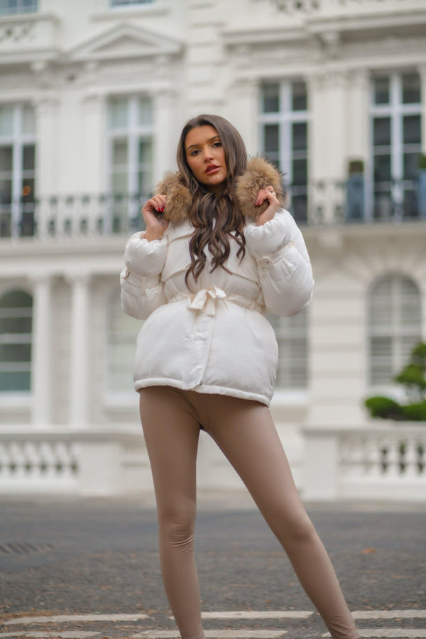 Cream Drawstring Luxury Fur Padded Belted Coat - H&L 