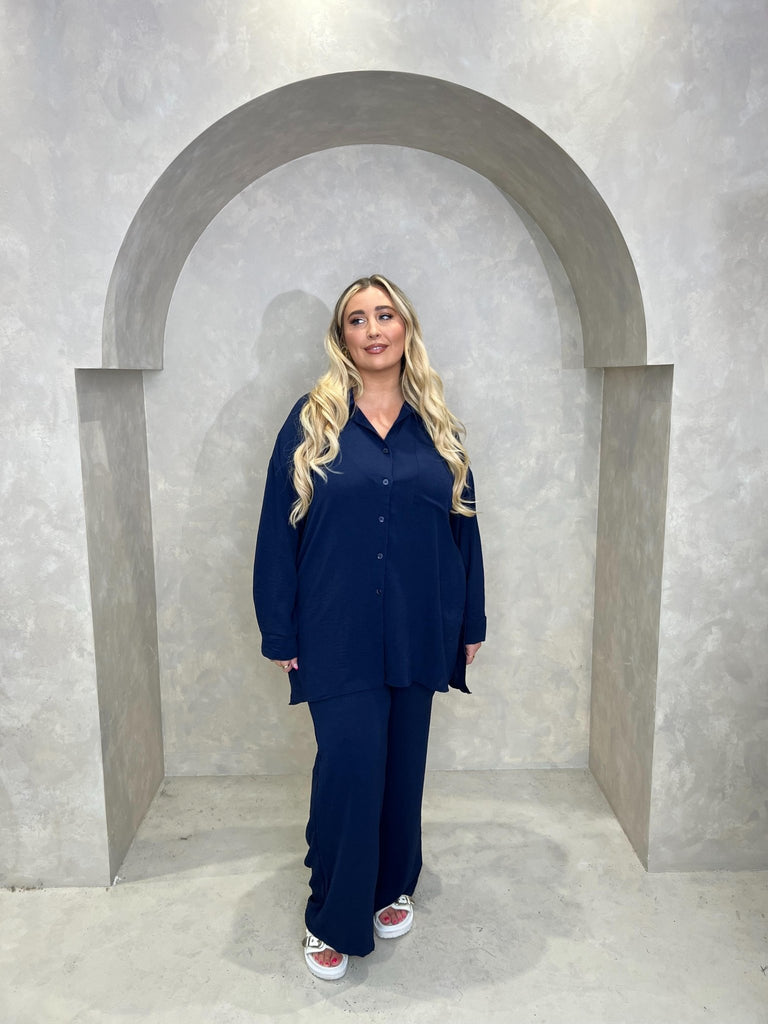 Curve Collared Shirt And Wide Leg Trouser Set - H&L