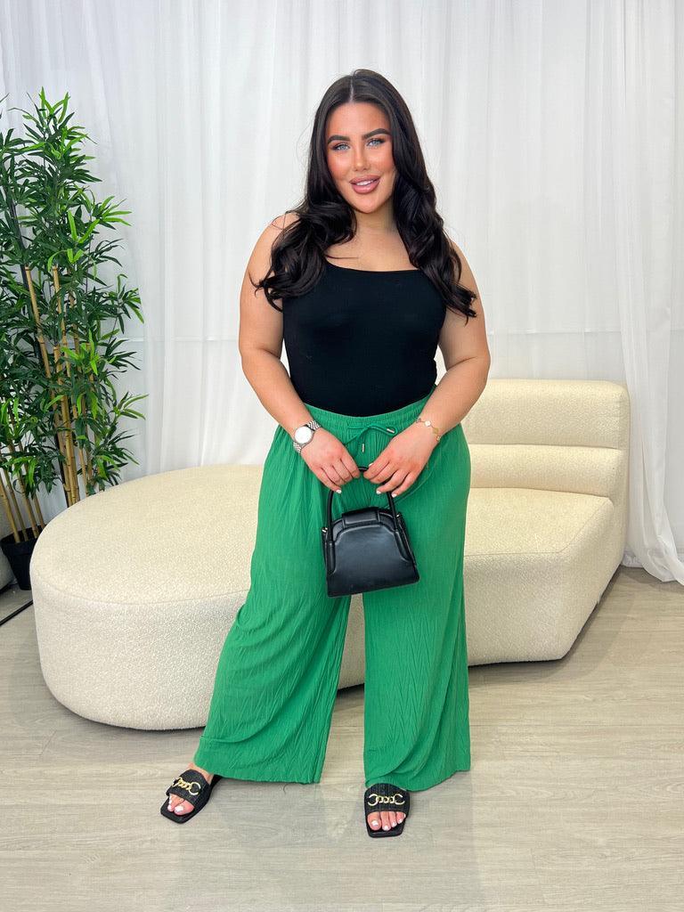Curve Green Textured Drawstring Wide Leg Trousers - H&L