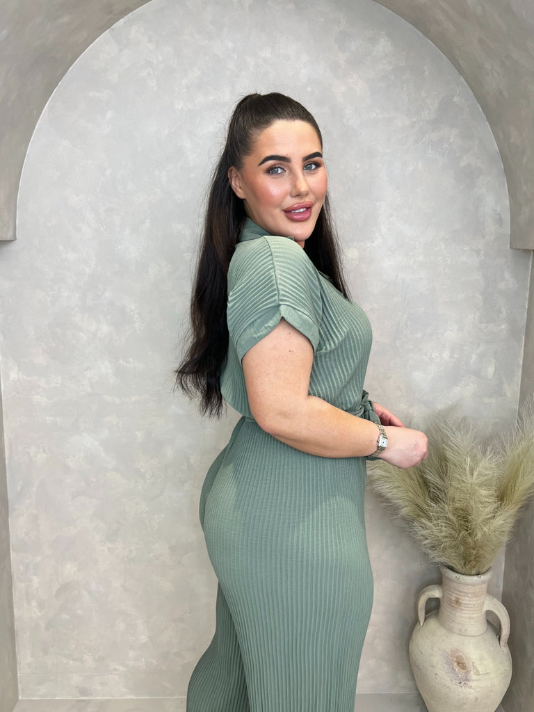 Curve Khaki Ribbed Effect Belted Jumpsuit - H&L