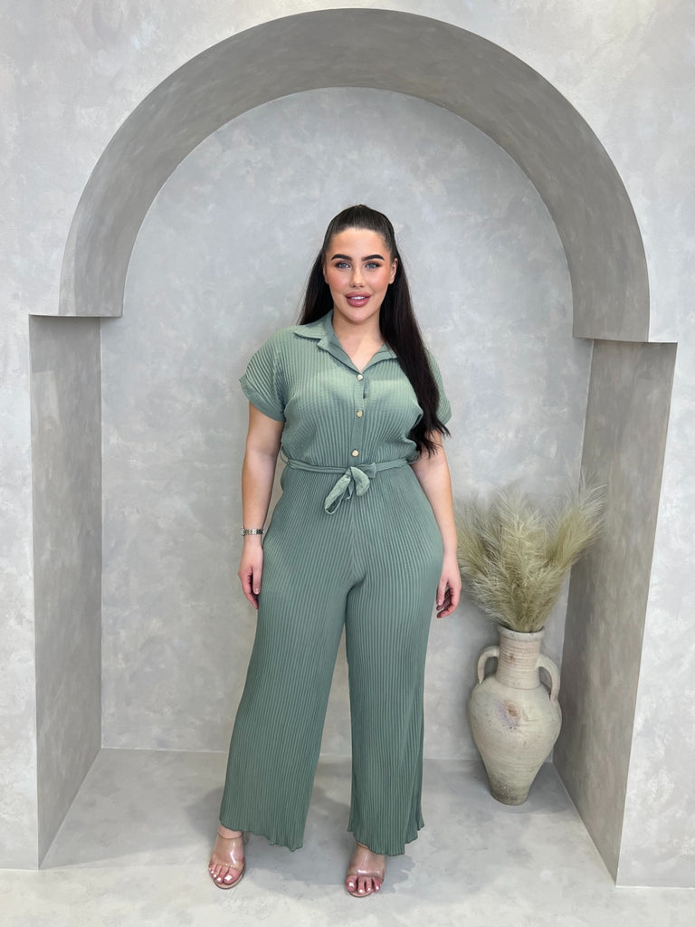 Curve Khaki Ribbed Effect Belted Jumpsuit - H&L