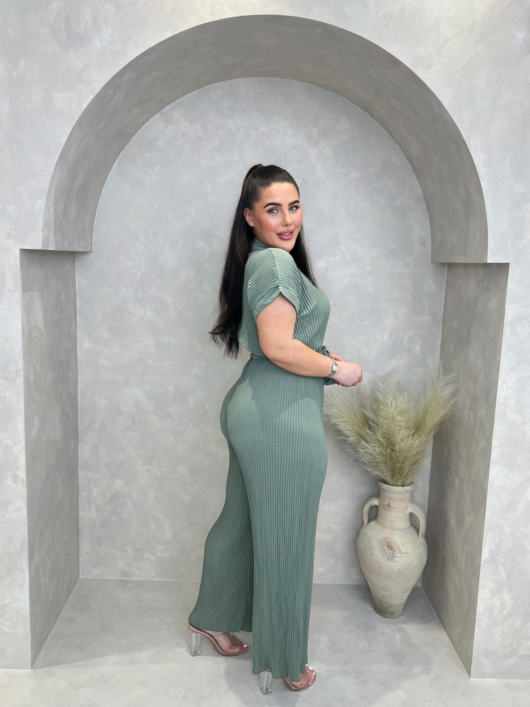 Curve Khaki Ribbed Effect Belted Jumpsuit - H&L