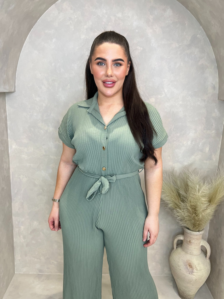 Curve Khaki Ribbed Effect Belted Jumpsuit - H&L
