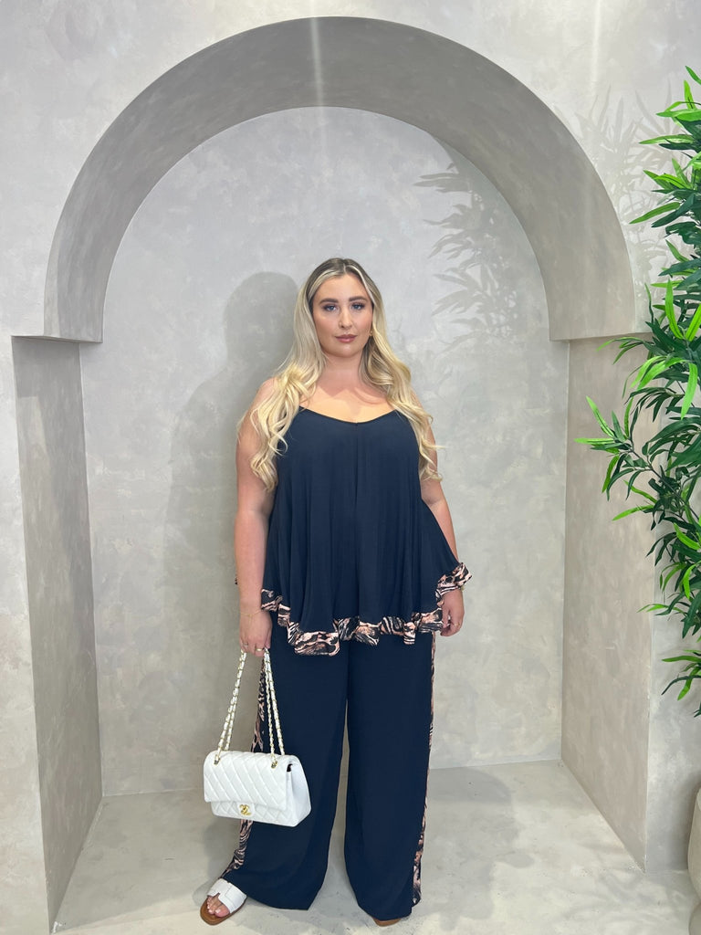 Curve Leopard Print Ribbed Effect Spaghetti Strap Trouser Set - H&L