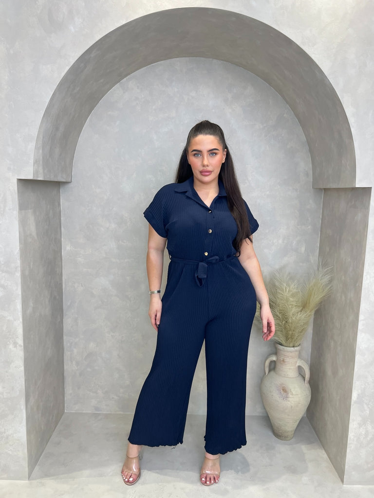 Curve Navy Ribbed Effect Belted Jumpsuit - H&L