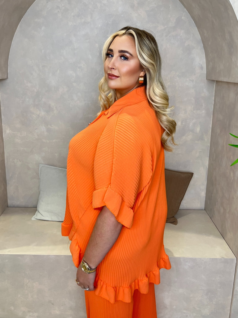 Curve Orange Ribbed Effect Wide Leg Trouser Set - H&L