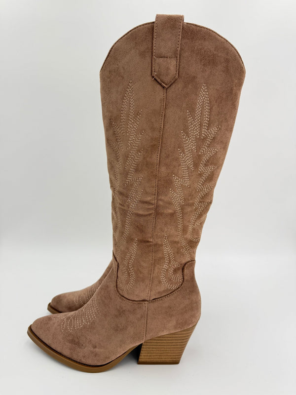 Dark Beige Suede Effect Cowboy Boots - H&L