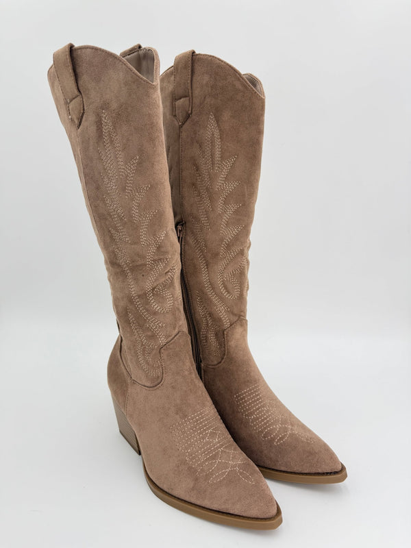 Dark Beige Suede Effect Cowboy Boots - H&L