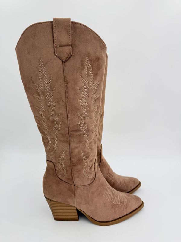 Dark Beige Suede Effect Cowboy Boots - H&L