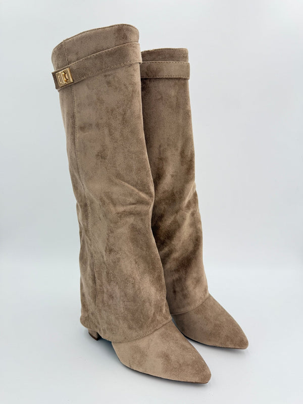 Dark Beige Suede Fold Over Knee High Boots - H&L
