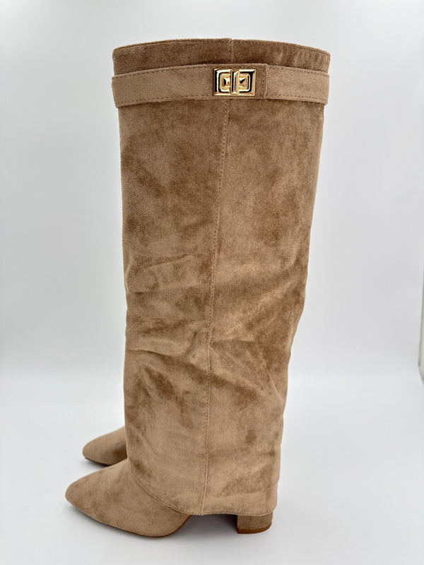 Dark Beige Suede Fold Over Knee High Boots - H&L