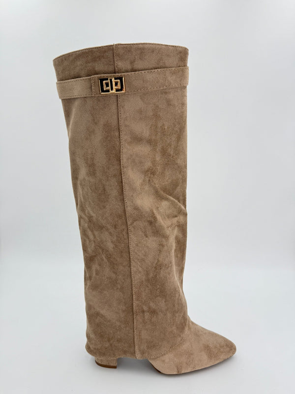Dark Beige Suede Fold Over Knee High Boots - H&L