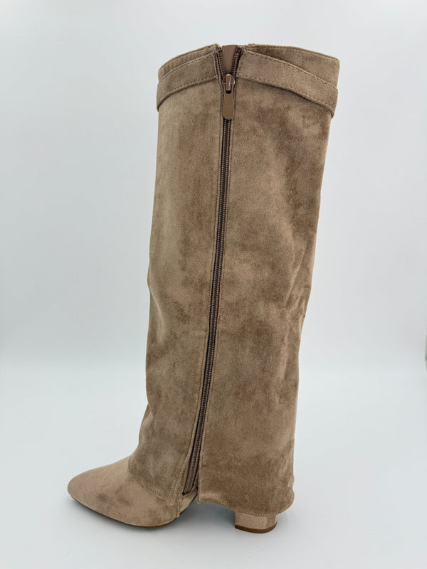 Dark Beige Suede Fold Over Knee High Boots - H&L