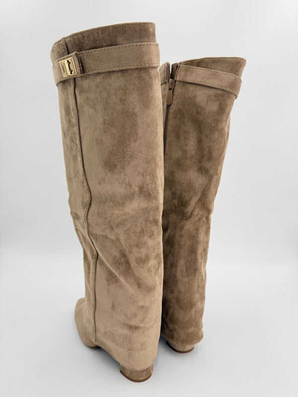 Dark Beige Suede Fold Over Knee High Boots - H&L