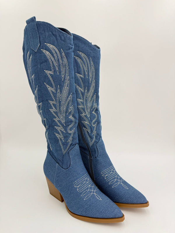 Denim Knee High Cowboy Boots - H&L