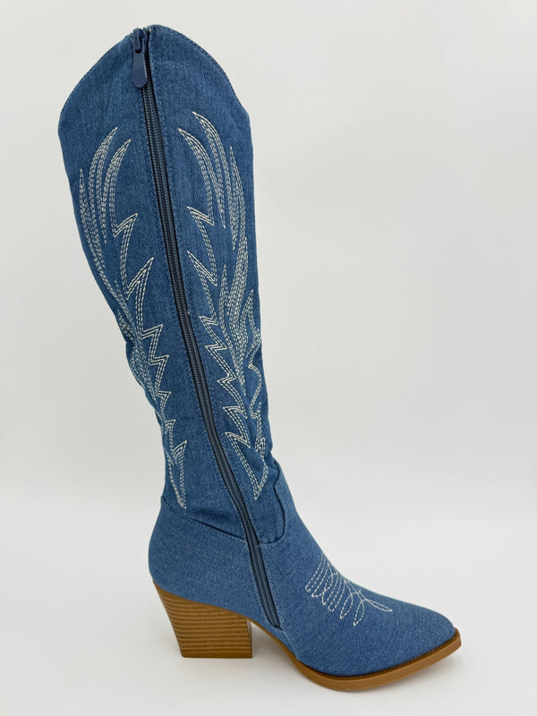 Denim Knee High Cowboy Boots - H&L