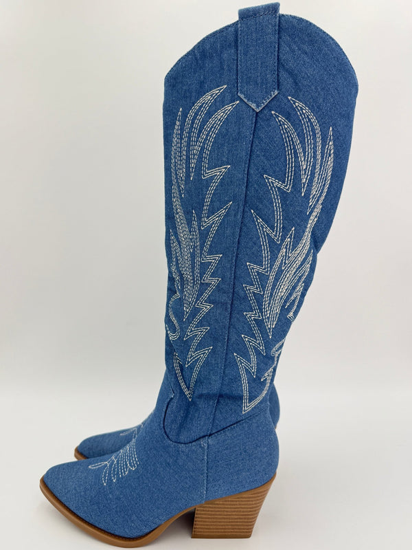 Denim Knee High Cowboy Boots - H&L
